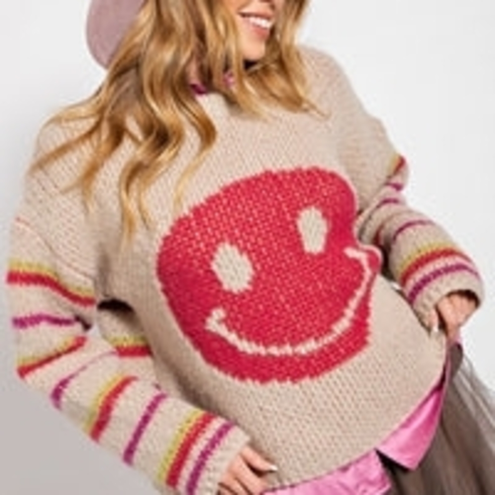 Easel  Crewneck Sweater with Pink Smiley and Striped Sleeves. NWT Size Medium